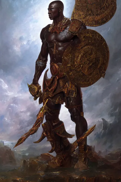 Prompt: a powerful and muscular make african warrior , half body portrait, ornate armour, realistic oil painting by Thomas Cole and Wayne Barlowe and Boris Valejo