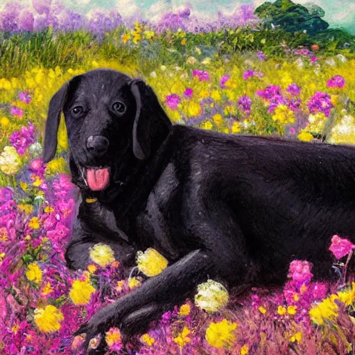 Image similar to a pregnant east african woman with her black puppy in a vast field of flowers, relaxing, wide shot, golden hour, vintage, impressionist painting, fine art, oil painting, dreamy, pastel, laughing, happy, intricate details, sharp, peaceful, serene