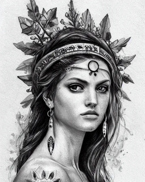 Image similar to realism tattoo sketch of a beautiful greek goddess aphrodite with piercing eyes wearing a laurel wreath and triangle earrings, in the style of greg rutkowski, amazing detail