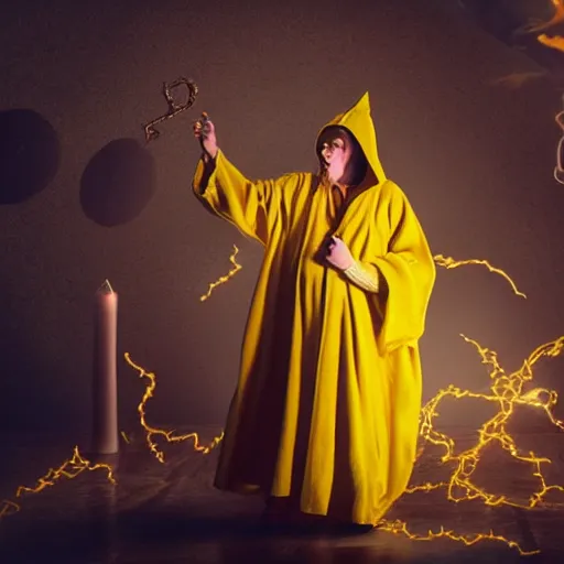 Image similar to award - winning. hyper - realistic. cinematic. 4 k. a person wearing hooded frayed yellow robes casting a spell while yellow magic runes float behind them. dark background