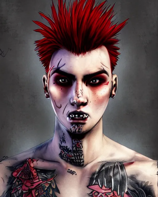 Prompt: young man with a short red mohawk, red irises and a slim face, piercings, dressed in crustpunk clothing, headshot, attractive, handsome, model, trending on artstation, high quality art, character design, realism art, award winning art, in color, no makeup, no tattoos