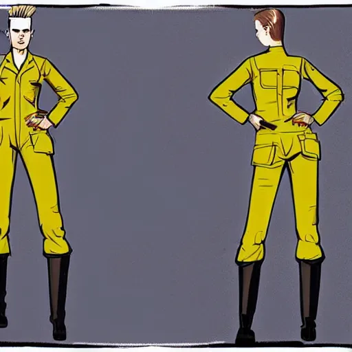 Prompt: character concept art of stoic heroic emotionless handsome blond butch tomboy woman with very short slicked-back hair, in atompunk jumpsuit and boots, science fiction, atompunk, illustration