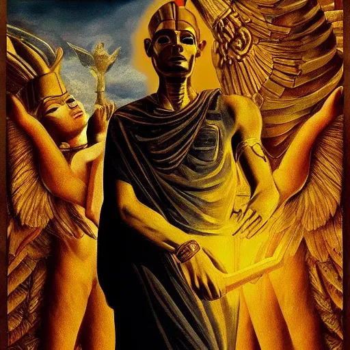 Prompt: photo of a pharaoh holding a phoenix, hyper-realistic, epic composition, dramatic opening shot, in the style of picasso and dali, renaissance painting, exquisite detail, golden ratio design, cinematic lighting, 8k, artstation