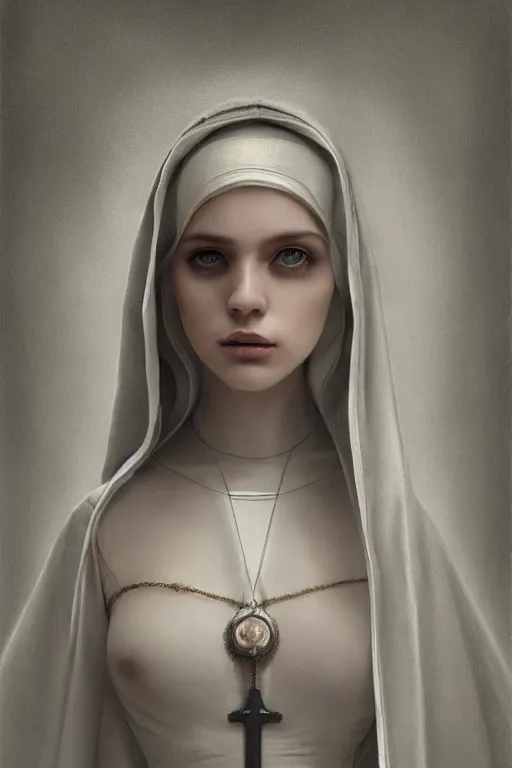 Image similar to ultra realist and ultra intricate detailed soft painting of a beautiful slim curvy female nun in long religius dress, thin lustrous hair, symmetry features, sensual gloomy style, soft painting, volumetric clouds, fantasy background, artstation, Tom Bagshaw artstyle, unreal render, depth of field