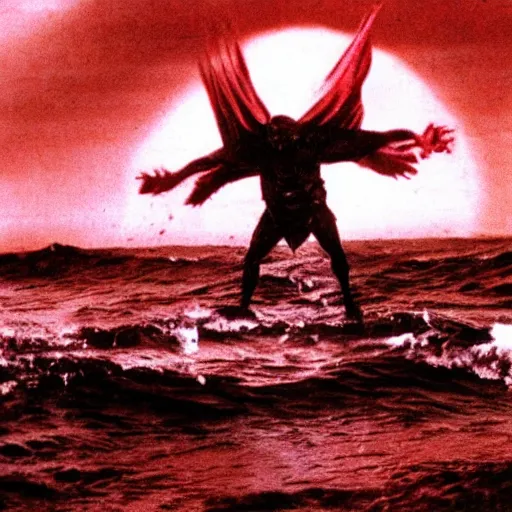 Prompt: the anti - christ rising from a red ocean. photograph from a horror movie.