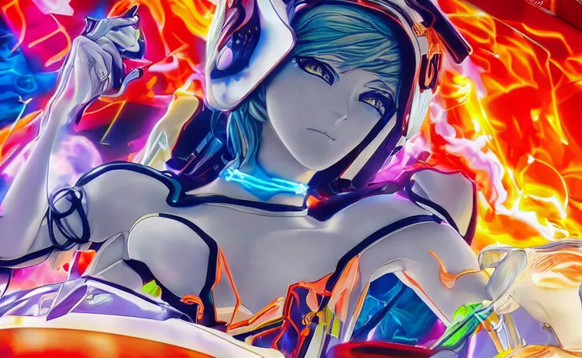 Image similar to billboard advertisement with an extremely beautiful photo of a white marble statue of an anime girl with colorful motocross logos and motorcycle helmet with closed visor, colorful smoke in the background, carved marble statue, fine art, neon genesis evangelion, virgil abloh, offwhite, denoise, highly detailed, 8 k, hyperreal