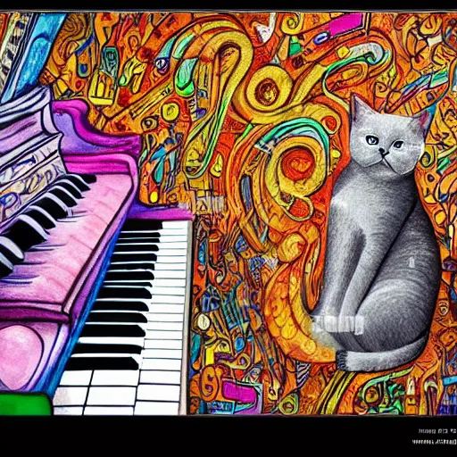 Image similar to british shorthair cat playing the piano, surrounded by musical notes, colorful detailed painting in the style of josephine wall 4 k
