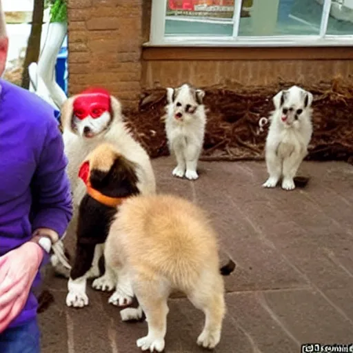 Prompt: satan happy that he is surrounded by cute puppies