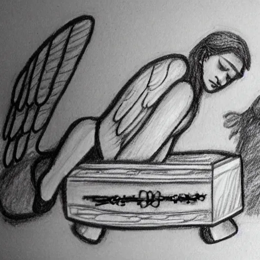 Prompt: a coffin and a drawing angel in the style of sempe