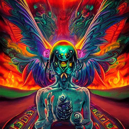 Image similar to A centered chest up portrait of a psychedelic godlike mothman with giant mandala wings smoking a hand-rolled cigarette smoking heavily , magic mushroom village in background , award winning. superb resolution. in the art style of junji Ito and greg rutkowski . Detailed Mushroom city in background. Hyper realistic anime. Perfect art. Dalle2