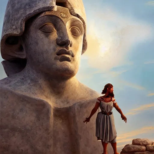 Image similar to tiny greek ancient woman in steel helmet standing on a giant greek ancient bearded man head, late afternoon light, greek temple of olympus glory island, wispy clouds in a blue sky, by frank lloyd wright and greg rutkowski and ruan jia