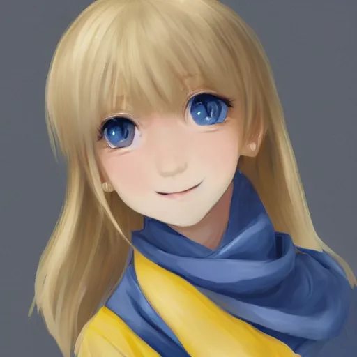 Prompt: full headshot portrait of blond babe 3 years old with gray eyes with a blue scarf and yellow t - shirt, she smiles beautifully, drawn by wlop, by avetetsuya studios, attractive character, colored sketch anime manga panel, cirno from touhou, trending on artstation