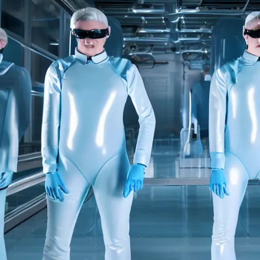 Image similar to troop of identical athletic humans with white hair wearing tight light blue latex suits, in formation, futuristic chemistry lab, sci - fi, highly detailed, hyperrealistic