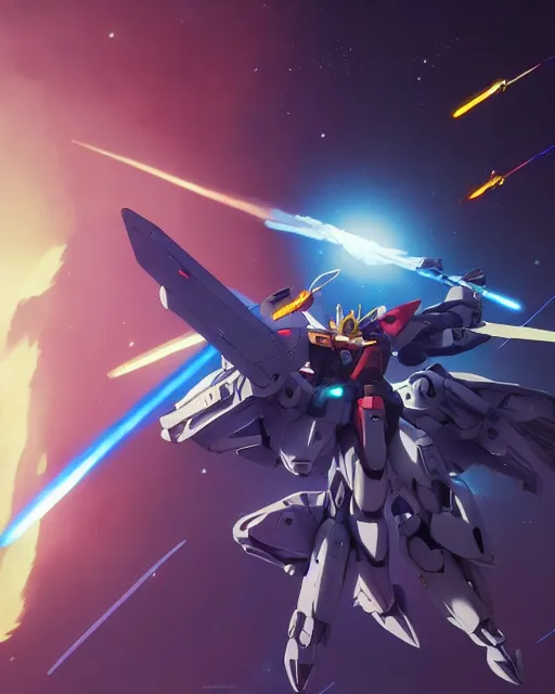 Prompt: highly detailed vfx portrait of a gundam wing with wings of feathers beam saber fighting in space with a beam gun, unreal engine, greg rutkowski, loish, rhads, beeple, makoto shinkai and lois van baarle, ilya kuvshinov, rossdraws, tom bagshaw, alphonse mucha, global illumination, detailed and intricate environment