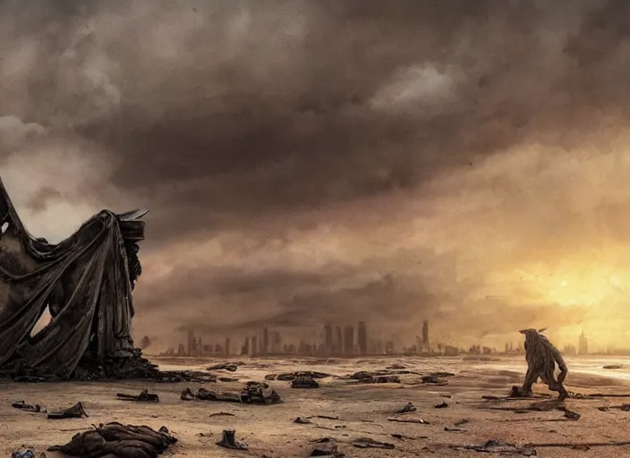 Image similar to a Photorealistic dramatic hyperrealistic render of a ruined destroyed decayed statue of liberty on a desolate beach in a post-apocalyptic world, futuristic nuclear apocalyptic planet of the apes vibe, by WLOP and Artgerm and Greg Rutkowski and Alphonse Mucha, Beautiful dynamic dramatic dark moody lighting, shadows, cinematic atmosphere, Artstation, concept design art, Octane render, 8K, masterpiece