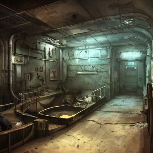 Image similar to fallout concept art vault - tec underground vault metal walls interior render grim realistic lighting unreal engine 5