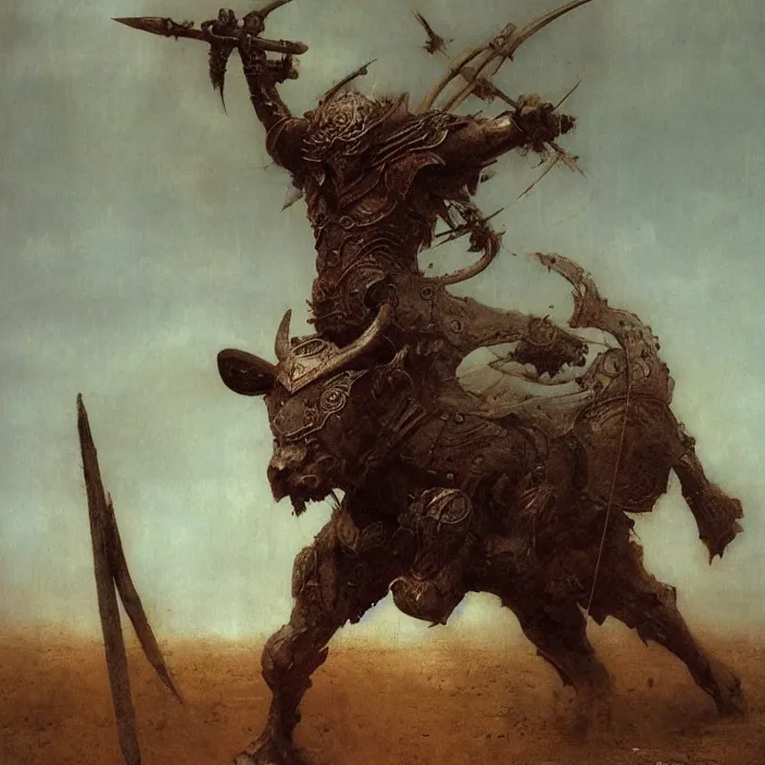 Prompt: minotaur warrior wearing ancient armor concept, beksinski, ruan jia