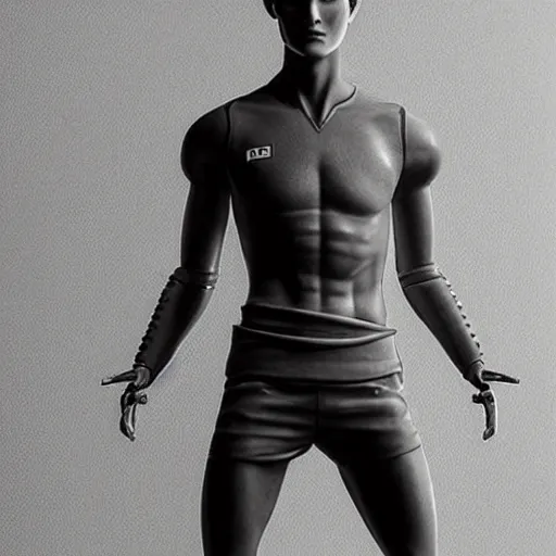 Prompt: a realistic detailed photo of a guy who is an attractive humanoid who is half robot and half humanoid, who is a male android, soccer player martin ødegaard, shiny skin, posing like a statue, blank stare, in a living room, on display, showing off his muscles, with a twin