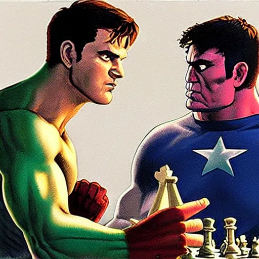 Image similar to Captain America and Hulk playing chess