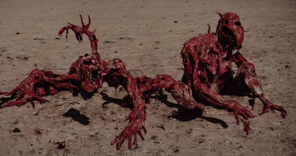 Image similar to in the desert a bloody gross horrifying The Thing creature made of muscle and bone and blood stares at the camera, eating, mid day, 35mm photography, realistic,