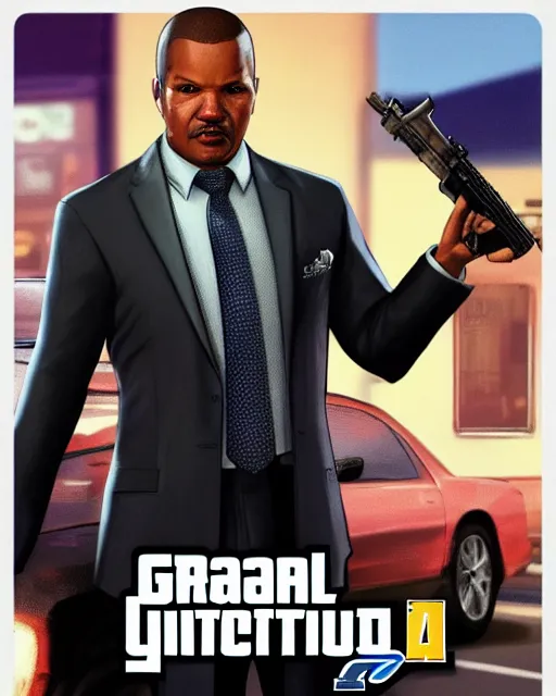 Prompt: Michael J. Foxx in the style of as a grand theft auto 5 character, cover game art