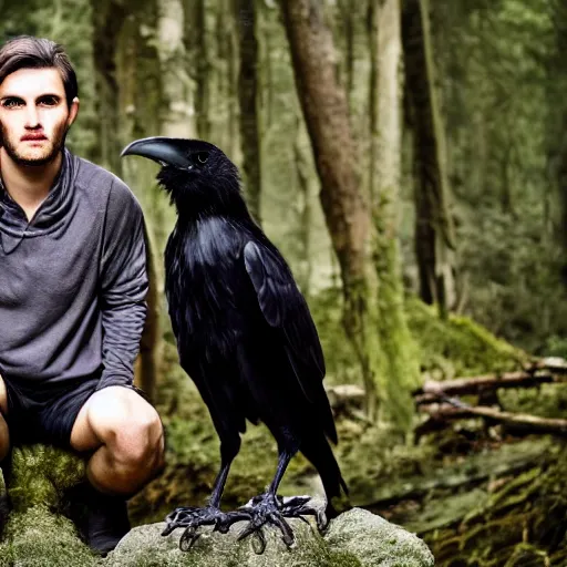 Image similar to !!! chimera consisting of male human and crow, photograph captured in a forest