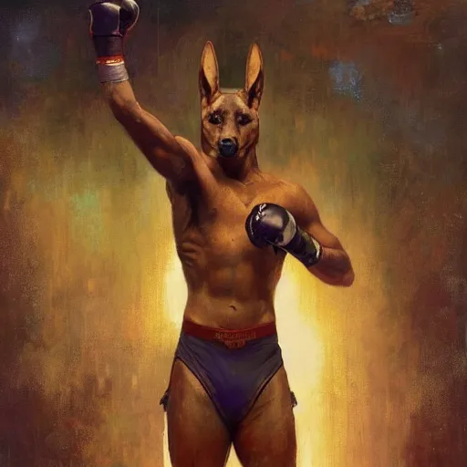 Image similar to anubis as a boxer ready to take on the world champ, 4 k, trending on artstation, by gaston bussiere, craig mullins, artgerm, greg rutkowski, alphonse mucha