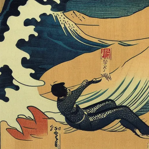 Image similar to man surfing, woodblock print, style of hokusai, fine art, style of kanagawa, painting