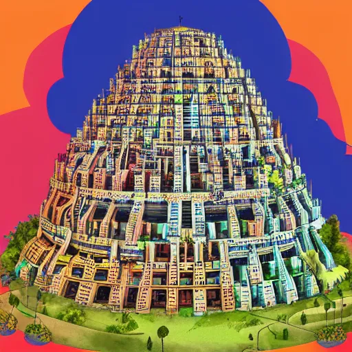 Prompt: a simplified, stylized version of the Tower of Babel, colorful