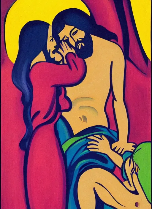 Prompt: painting of jesus being seductively unrobed by a mysterious woman, 8 k cel shading, pivix, in the style of ernst ludwig kirchner
