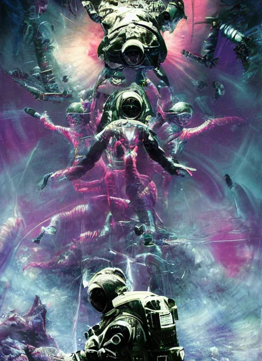 Image similar to astronauts in dark void underwater - complex and hyperdetailed technical suit. reflection and dispersion materials. rays and dispersion of light. volumetric light. f / 3 2. noise film photo. flash photography. ultra realistic, wide angle. poster by wayne barlowe, hajime sorayama aaron horkey, craig mullins