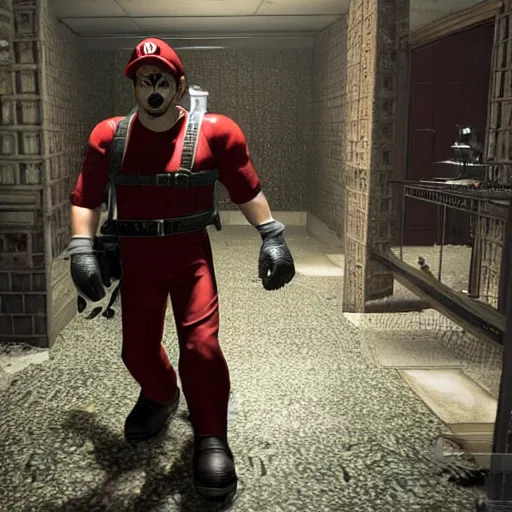 Prompt: Mario in a Resident Evil scene next to the umbrella corporation facility