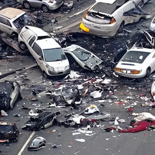 Image similar to aftermath of a 20 car pile up, dead bodies lying on the floor