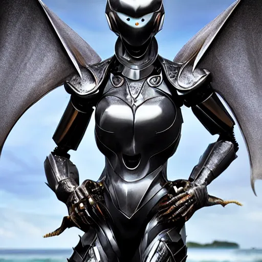 Image similar to chest up shot, realistic detailed stunning beautiful armored humanoid robot anthropomorphic female dragon, looking to the side with an elegant pose of hand on hip, smooth and streamlined armor and design made of steel, sharp claws and sharp teeth, high quality head, Slick LEDs, standing on two legs, on the beach during sunset, high quality, cinematic art, sci fi, sunset lighting, 3D render, 8k, artstation, deviantart, furaffinity