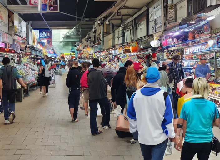 Prompt: pokemon lugia walking among people in opendoor market, rutkowski, gurney