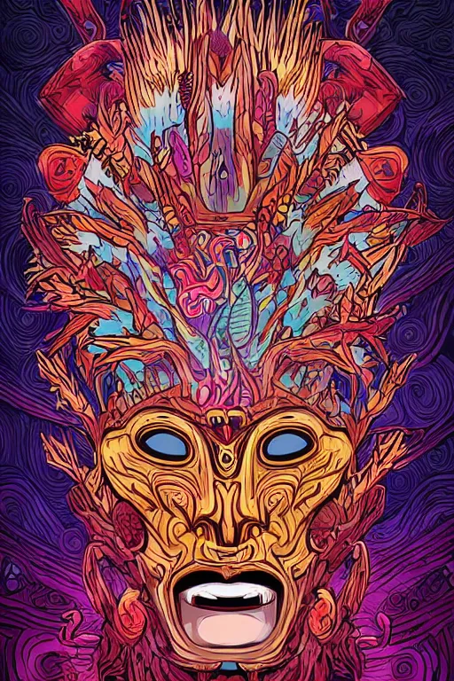 Image similar to totem animal mask tribal feather gemstone plant wood rock shaman vodoo video game vector illustration vivid multicolor borderlands comics by josan gonzales and dan mumford radiating a glowing aura