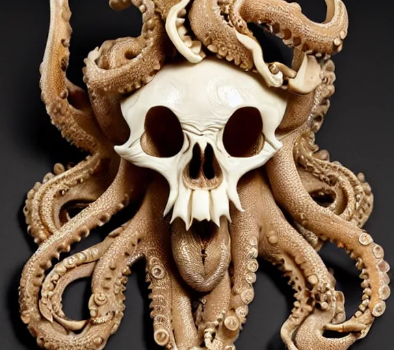 Image similar to an intricately detailed carving in an human - octopus skull, rococo ornate bone and ivory sculpted skull with teeth and tentacles, horror, artifact, micro detailed, inscribed with occult symbols, otherworldly