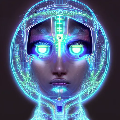 Prompt: portrait of a future metaverse cyborg tech shaman warrior, 2D cartoon, visionary art, symmetric, Magick symbols, holy halo, shipibo patterns, sci-fi, concept art, trending on art station