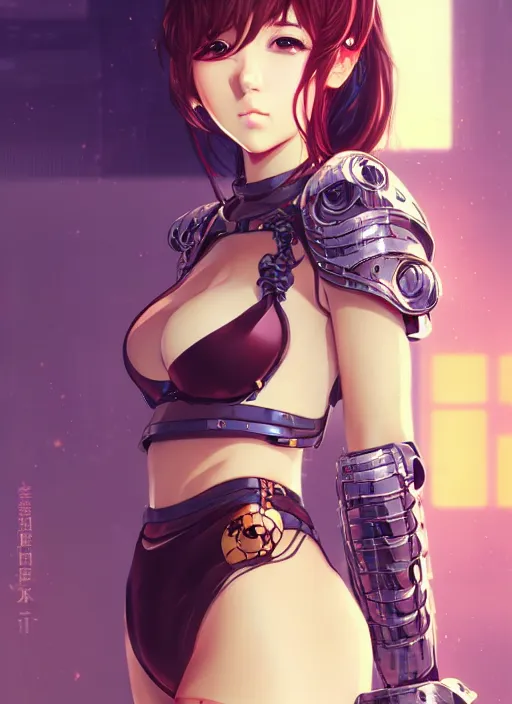 Image similar to portrait of beautiful young anime girl in bikini armor, cute-fine-face, pretty face, realistic shaded Perfect face, fine details. Anime, cyberpunk, Warhammer, highly detailed, artstation, illustration, art by Ilya Kuvshinov and Gustav Klimt