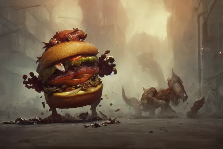 Image similar to fast food monster by jean - baptiste monge, high quality, high resolution, 4 k, painted by cgsociety, rutkowski, gurney with ambient lighting, concept art, detailed, smooth, dynamic volumetric cinematic lighting, octane, raytrace