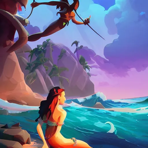 Image similar to painting mermaid treasure on sea of thieves game avatar hero smooth face median photoshop filter cutout vector, behance hd by jesper ejsing, by rhads, makoto shinkai and lois van baarle, ilya kuvshinov, rossdraws global illumination