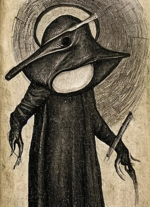 Prompt: plague doctor in the style of Hieronymus Bosch