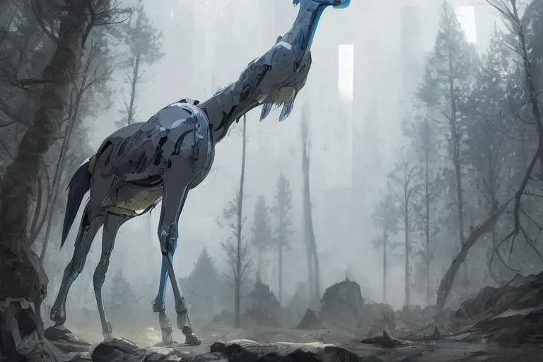 Image similar to cyborg horse merged with shoebill, digital art made by makoto shinkai, lois van baarle, greg rutkowski and jakub rebelka, highly detailed, symmetrical, extremely coherent, smooth, shaped focus, dystopian gray forest background, skull