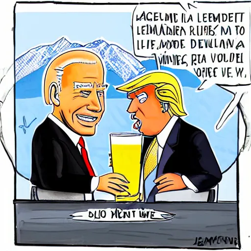 Image similar to cartoon drawing of Biden and Trump together drinking a lemon drink with Rio de Janeiro mountains on the background