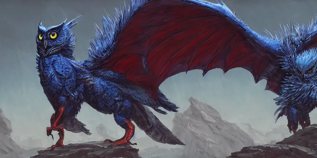 Image similar to Draconian dark reflective blue owl creature, character design sheet, Monster Hunter Illustrations art book, sharp and scaly feathers, huge wings, thick and strong legs, huge and sharp claws, red beak, Moebius, Greg Rutkowski, Zabrocki, Karlkka, Jayison Devadas, Phuoc Quan, trending on Artstation, 8K, ultra wide angle, zenith view, pincushion lens effect.