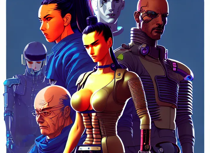 Image similar to cyberpunk samurai team. portrait by stonehouse and mœbius and will eisner and gil elvgren and pixar. character design. realistic proportions. cyberpunk 2 0 7 7 character art, blade runner 2 0 4 9 concept art. cel shading. attractive face. thick lines. the team. diverse characters. artstationhq.