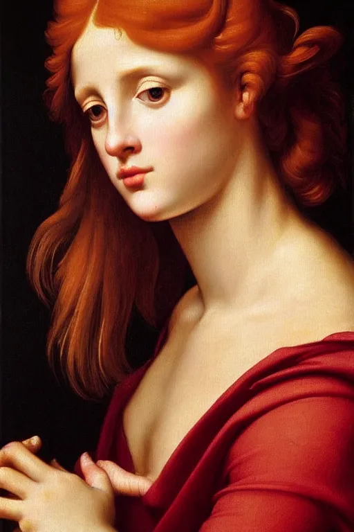 Prompt: renaissance painting of beautiful redhead woman, smooth hair, compassion face, mole on the cheek, emotions closeup, dressed in roman clothes, ultra detailed, made in bronze, art by Guido Reni style, Vincenzo Catena style