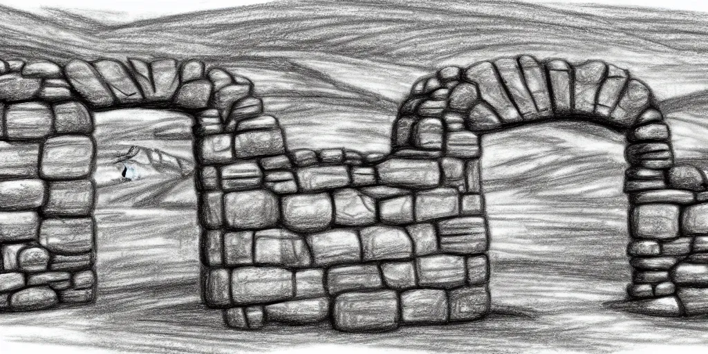 Prompt: Drawing of a large scale field landscape. single gritty stone gate as centerpiece. Stylized. Digital art. 8k. Evocative.