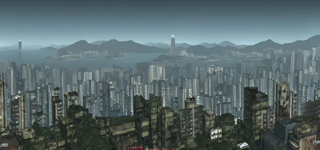 Image similar to Photo of Hong Kong Skyline in Fallout 4 Style, 8K, high quality, very detailed