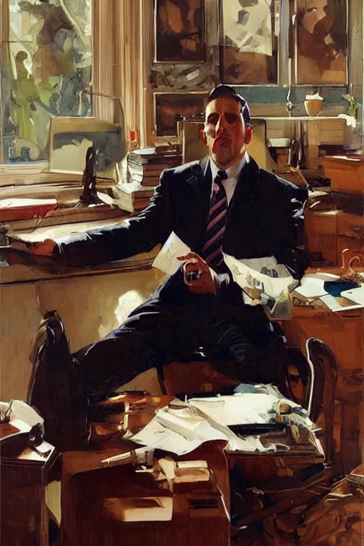 Prompt: michael scott sitting on his desk, painting by jc leyendecker!! phil hale!, angular, brush strokes, painterly, vintage, crisp